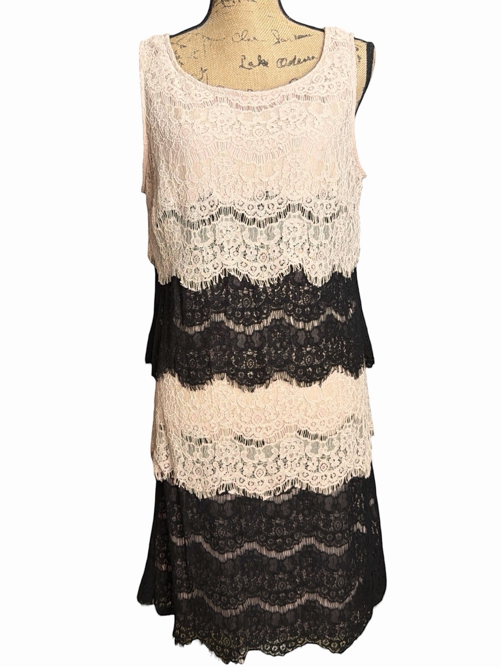 S. L. Fashions Black and Ivory Tiered Lace Sleeveless Dress. EC size 12
